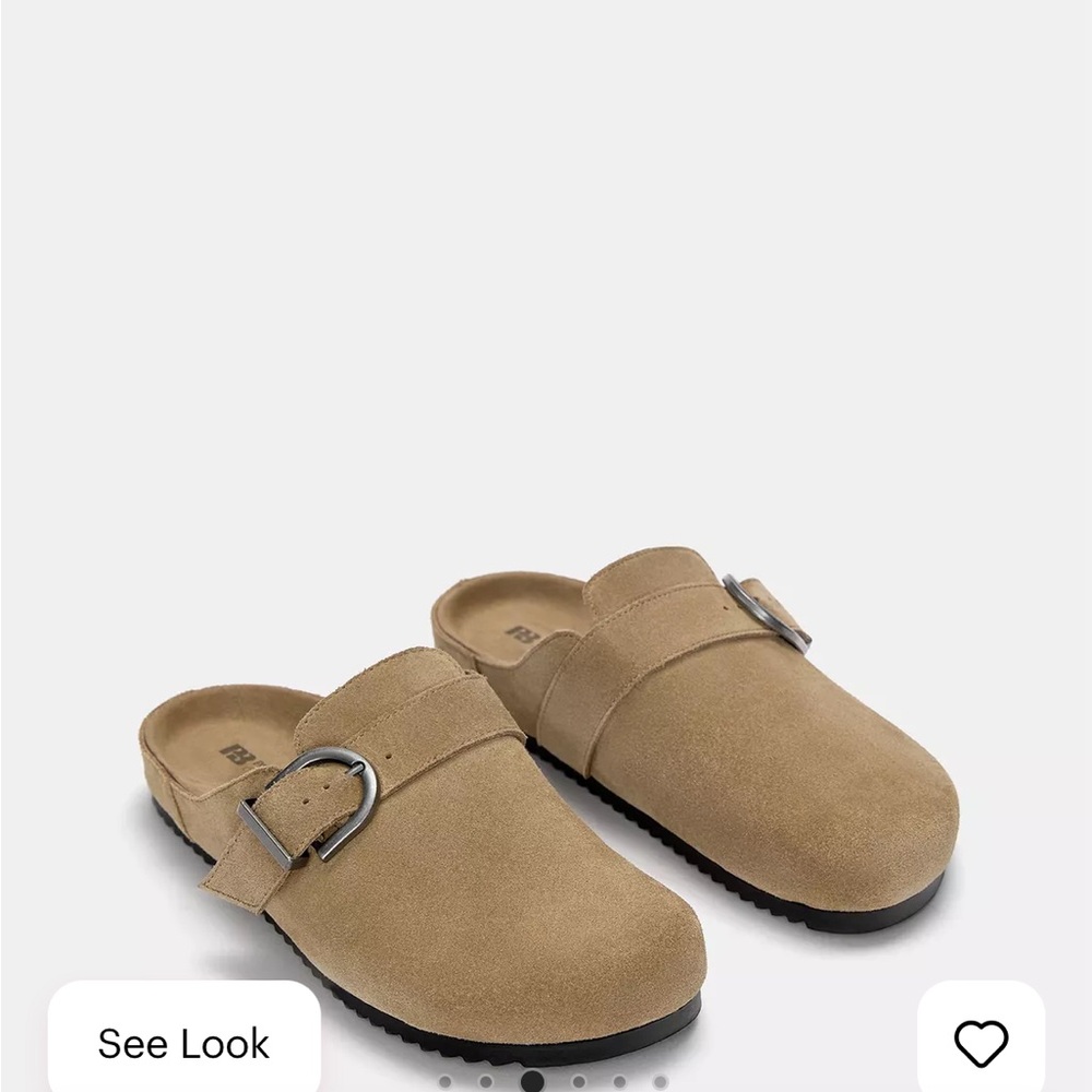 Pull&Bear Buckled Leather Clogs Brown